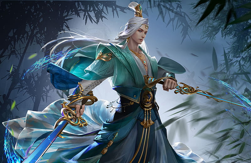 Fantasy man, sword, blue, fantasy, lu jieyun, green, man, HD wallpaper