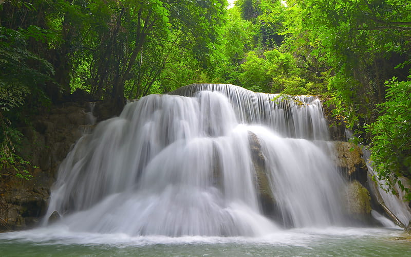 beautiful waterfall, jungle, lake, Thailand, forest waterfalls, HD wallpaper