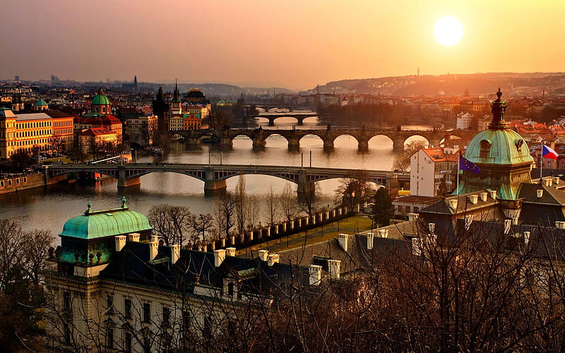 Prague, architecture, buldings, bridges, bonito, sky, europe, city, medieval, czech republic, sunsets, nature, rivers, HD wallpaper