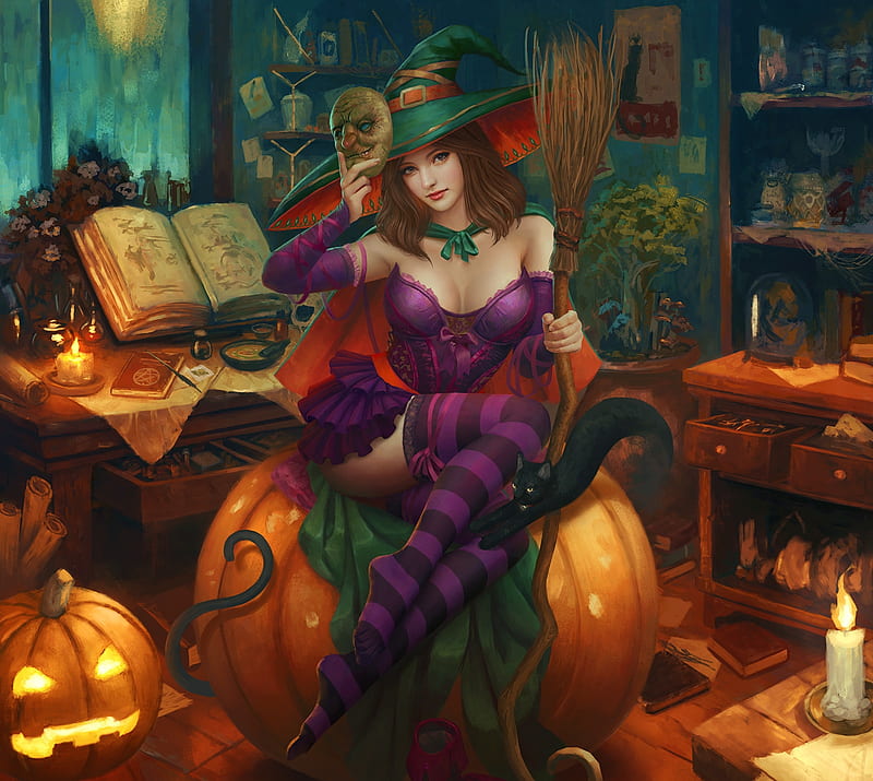 Pumpkin Witch, witch, luminos, orange, halloween, sorceress, hat, fantasy, girl, green, pumpkin, room, mario wibisono, mask, pink, HD wallpaper