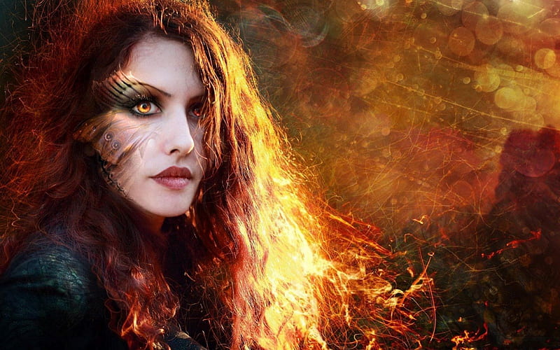 Flamming Red Hair, fire, fantasy, butterfly wings, red hair, woman, HD wallpaper