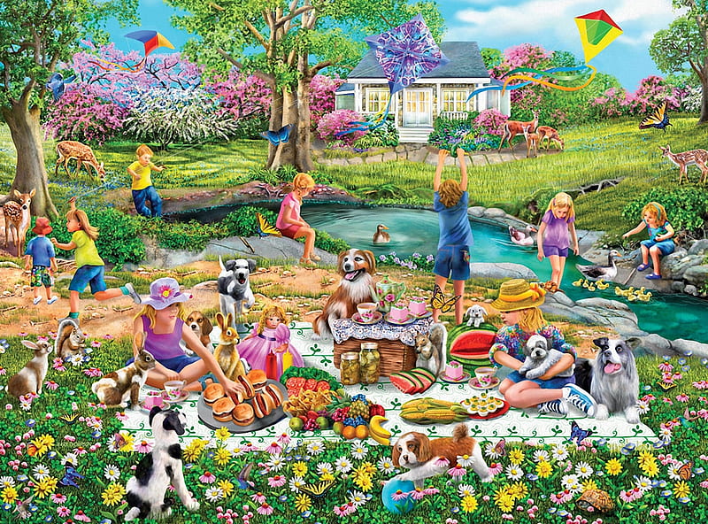 Springtime Garden, house, squirrels, ducks, children, creek, trees, artwork, deer, flowers, painting, rabbits, blooming, dogs, HD wallpaper