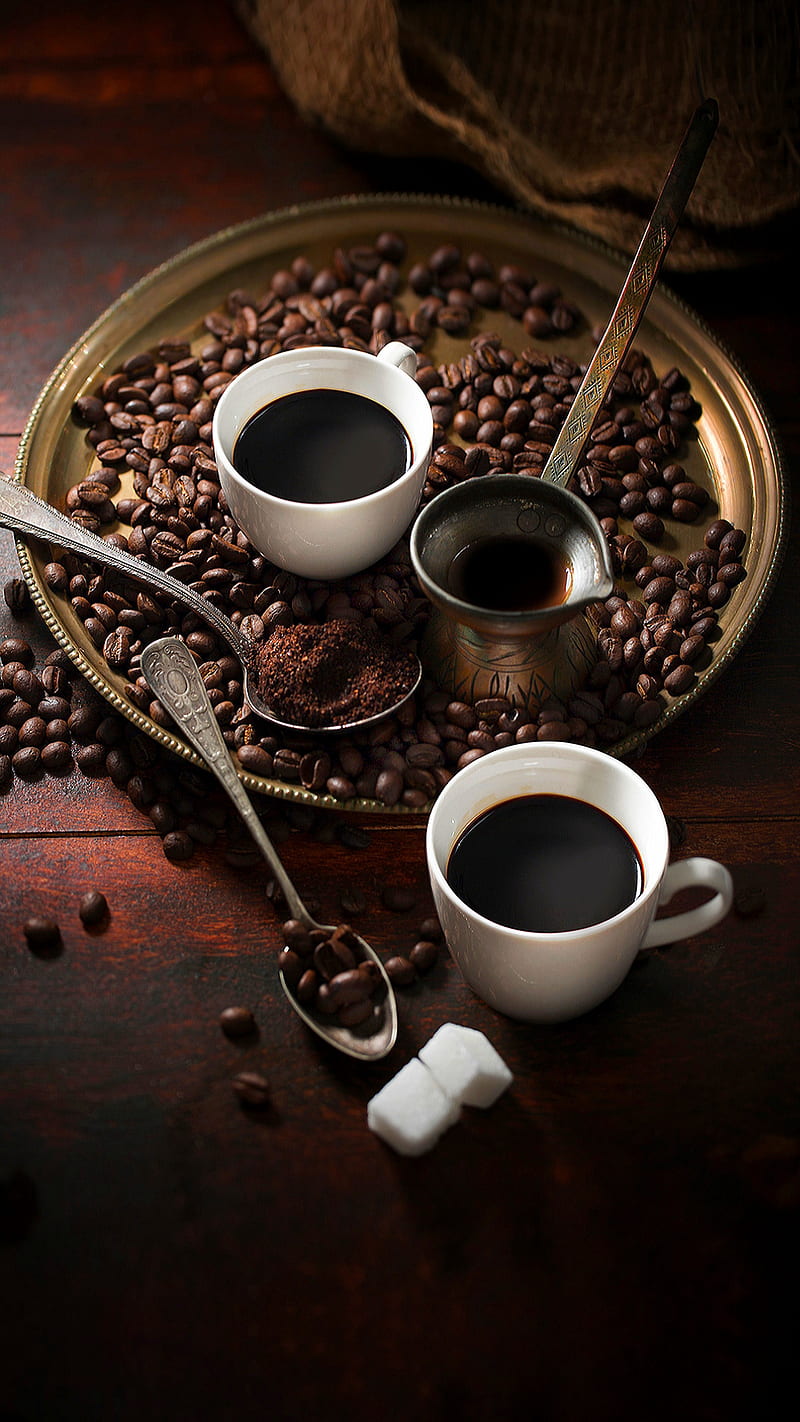 Coffee, breakfast, cups, good, good morning, morning, spoon, sugar, HD phone wallpaper