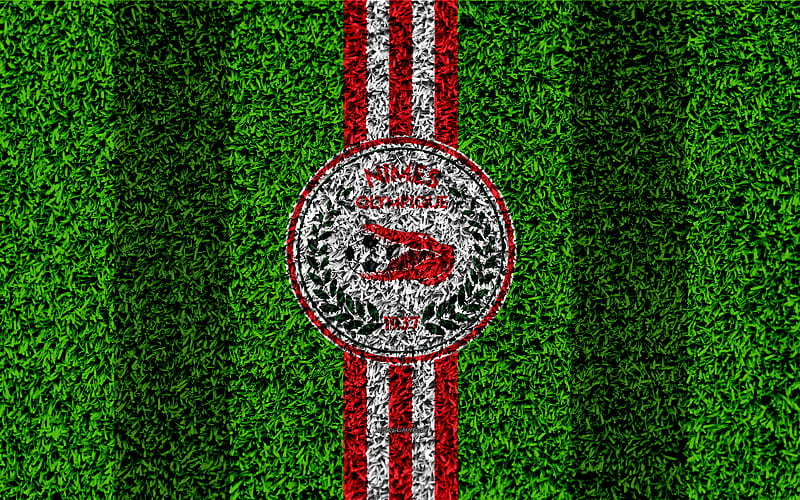 Nimes Olympique FC logo, football lawn, french football club, red white lines, grass texture, Ligue 2, Nîmes, France, football, soccer field, HD wallpaper