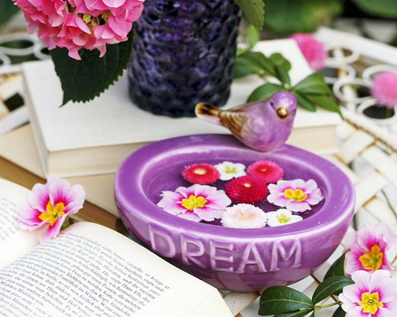 Pink Hydrangeas, table, books, flowers, hydrangeas, bowl, HD wallpaper