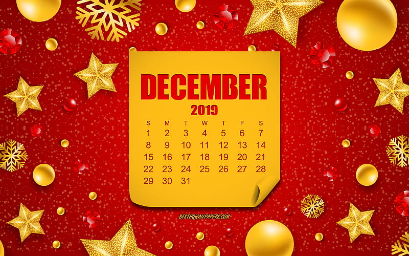 December 2019 Calendar, Red Christmas background, New Year, December, Christmas background with golden decorations, 2019 December Calendar, HD wallpaper