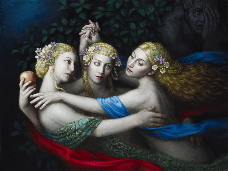 The Three Graces, girl, luminos, chie yoshii, art, three graces, red, frumusete, black, fantasy, green, blue, HD wallpaper