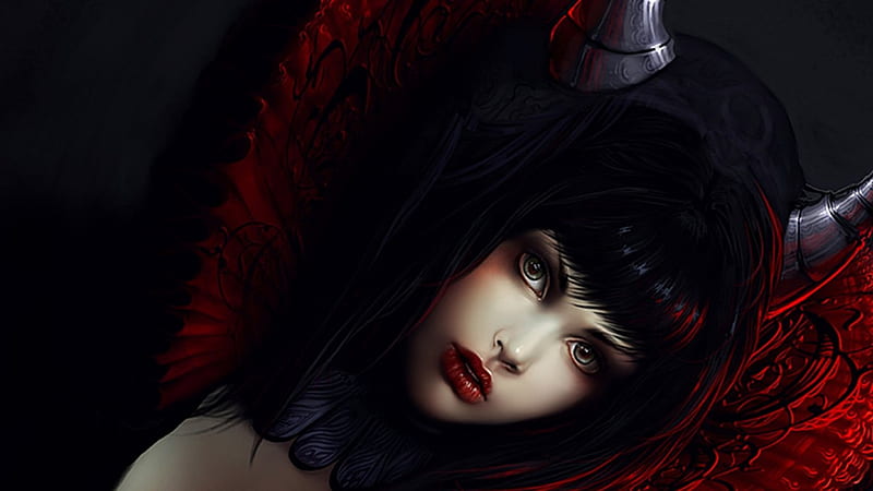 ~Mesmerized~, red, fantasy, female, demon, gothic, dark, black, horns ...
