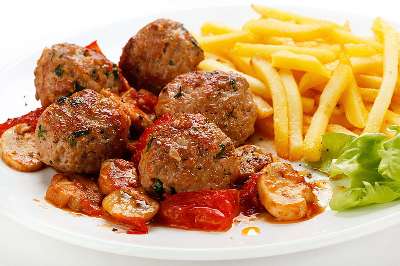 Food, Meatball, French Fries, Meat, Tomato, HD wallpaper