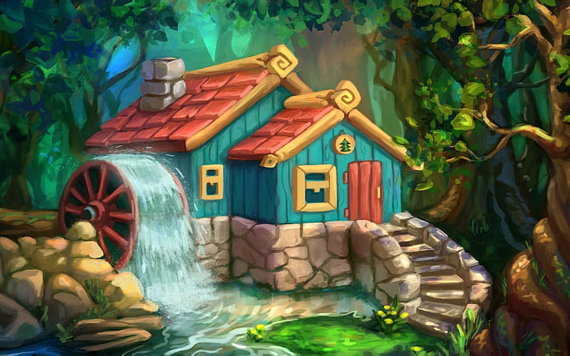 Watermill, art, forest, house, HD wallpaper