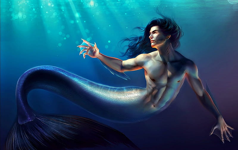 Sevan, underwater, art, guy, tail, mermaid, man, sea, fantasy, mathia arkoniel, blue, HD wallpaper