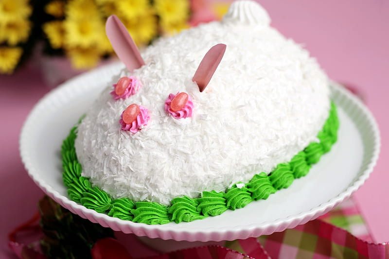 Easter cake, cake, food, green, easter, pink, white, dessert, sweet, bunny, HD wallpaper
