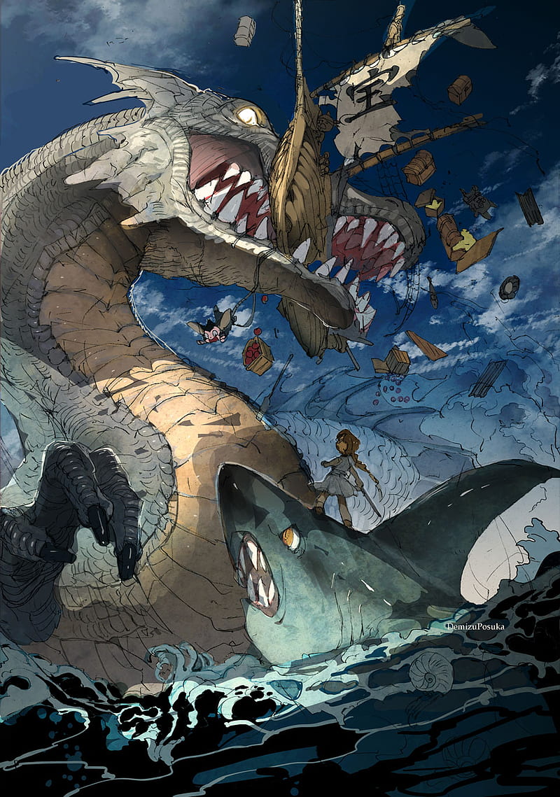 Anime, anime girls, vertical, original characters, shark, ship, sea monsters,  HD phone wallpaper | Peakpx