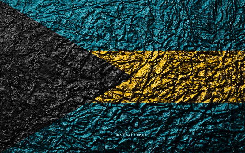 Flag of Bahamas stone texture, waves texture, Bahamas flag, national symbol, Bahamas, North America, stone background, HD wallpaper