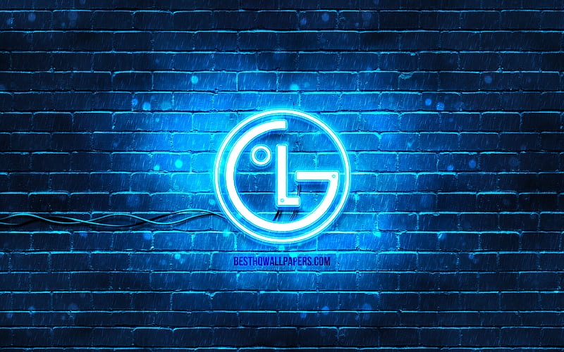 LG blue logo blue brickwall, LG logo, brands, LG neon logo, LG, HD wallpaper