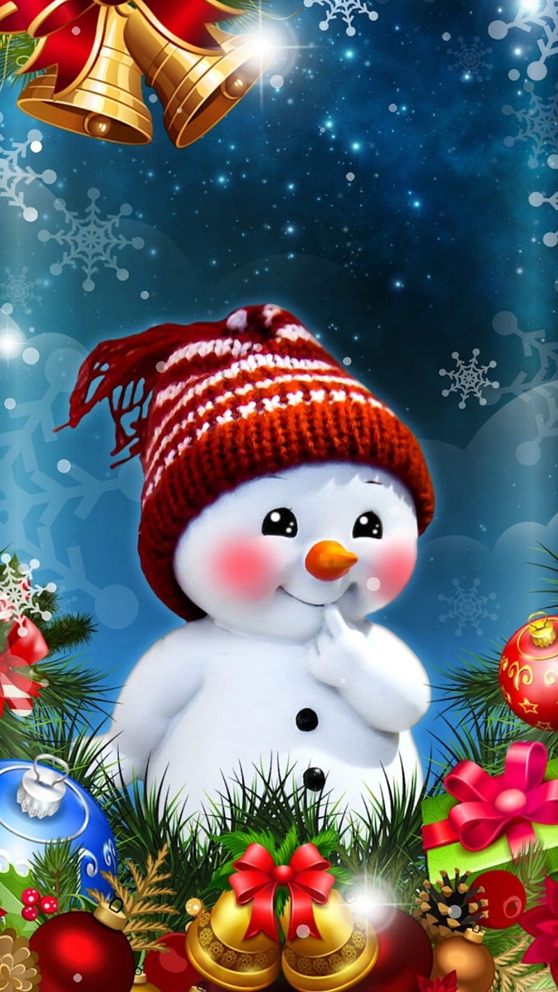 Christmas snowman, bells, blue holidays, jesus, snow, snowflakes ...