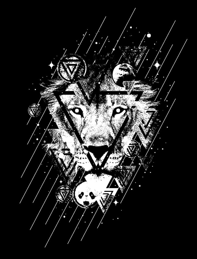 lion, art, bw, triangles, lines, spots, HD phone wallpaper