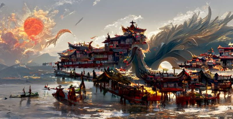 China's ancient town, dragon, fantasy, art , , , background, cbb16c, Classic Chinese, HD wallpaper