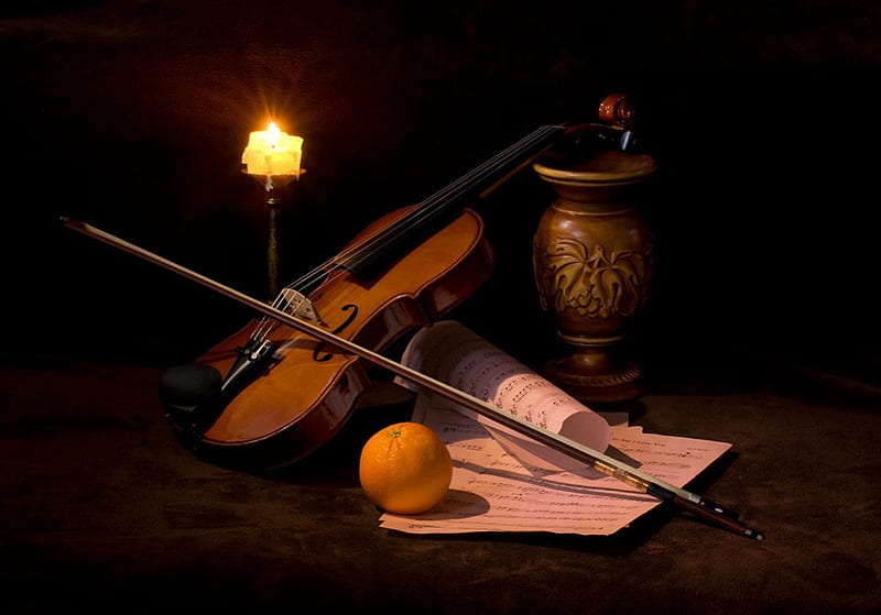 Still Life, candle, violin, music, arrangement, paper, harmony, HD wallpaper