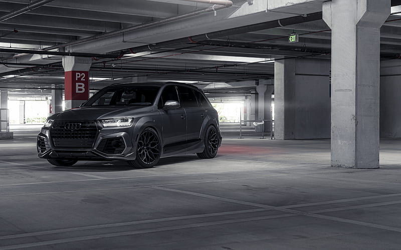 Audi Q7 ABT, 2018, luxury black SUV, exterior, front view, black Q7, black wheels, underground parking, tuning Q7, German cars, Audi, HD wallpaper