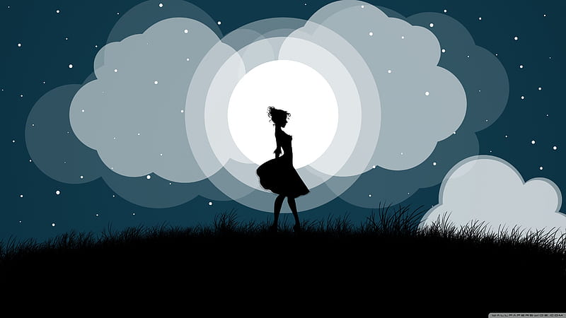 Moonlight Girl, clouds, light, moon, silhoutte, stars, HD wallpaper