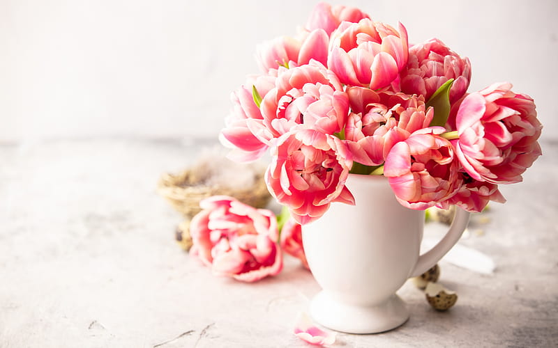 vase with tulips, spring flowers, tulips, pink tulips, beautiful flowers, HD wallpaper