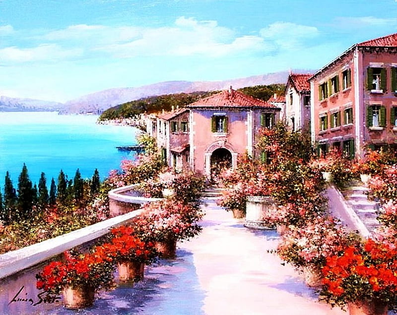 Mediterranean Moments, houses, painting, summer, flowers, blossoms, artwork, sea, HD wallpaper
