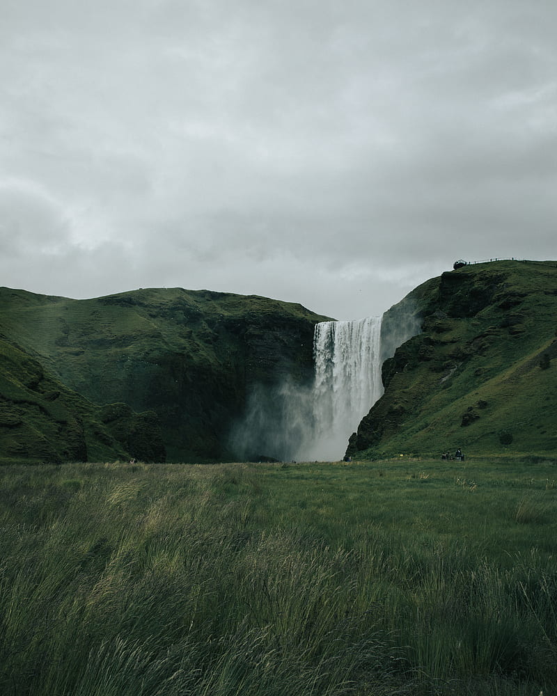waterfall, hills, landscape, grass, greens, HD phone wallpaper