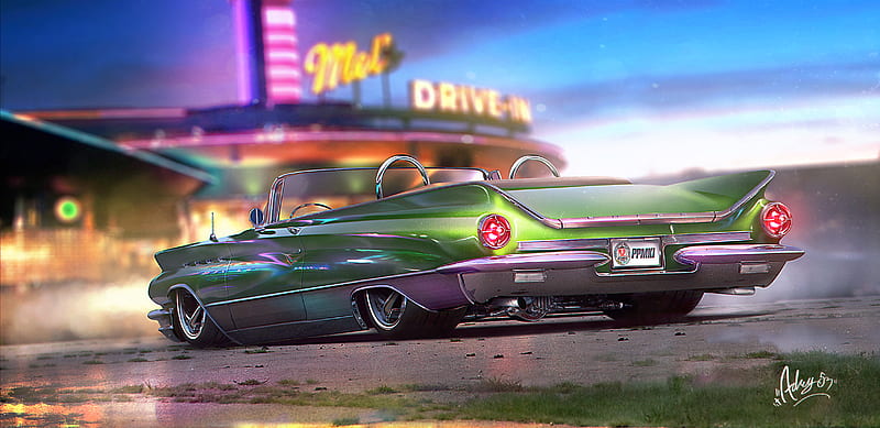1960 Classic Car, carros, artist, artwork, digital-art, HD wallpaper