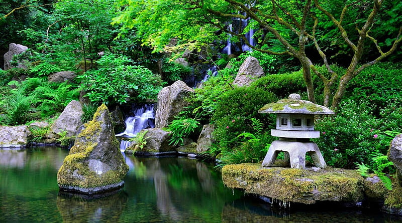 Japanese Garden - r, japanese gardens, green, gardens, nature, trees, waterfalls, HD wallpaper