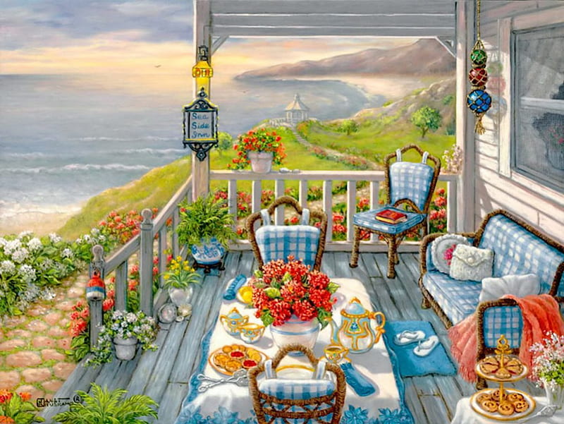 Sea side inn, pretty, house, shore, bonito, villa, sea, nice, painting, flowers, seaside, horizons, table, art, inn, lovely, sky, water, porch, peaceful, coast, HD wallpaper