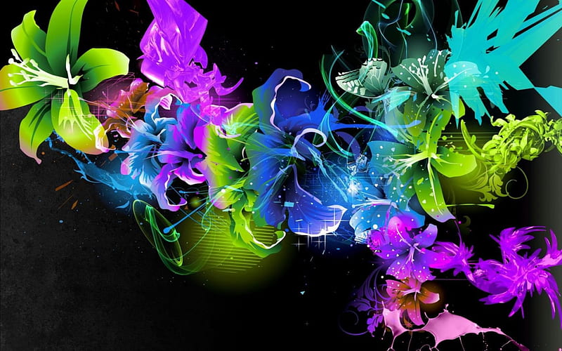 Flowers vector, flower, neon, black, vector, HD wallpaper
