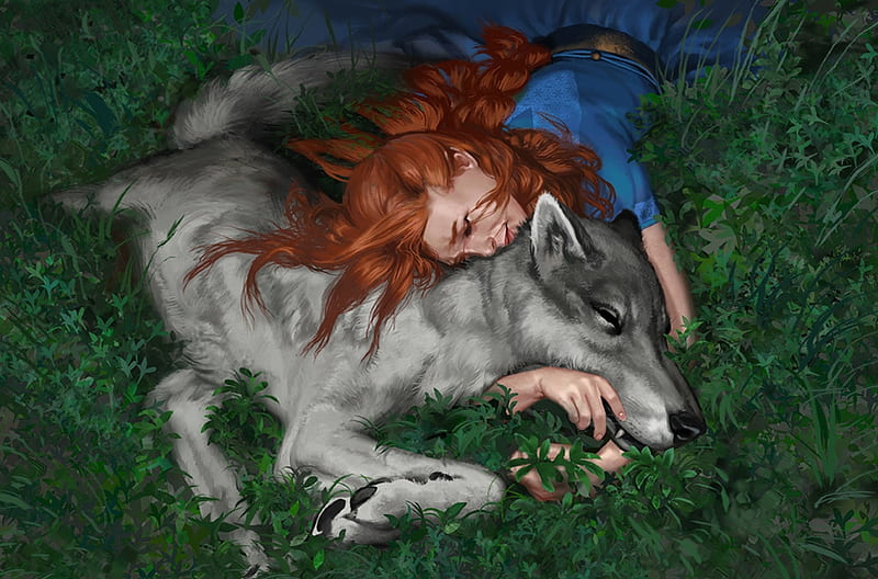 Sansa and Lady, game of thrones, sansa stark, art, luminos, redhead, grass, fantasy, amelie hutt, girl, green, wolf, lady, HD wallpaper