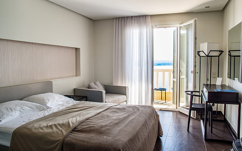 Bedroom, hotel, modern bedroom design, bed, brown tones, HD wallpaper