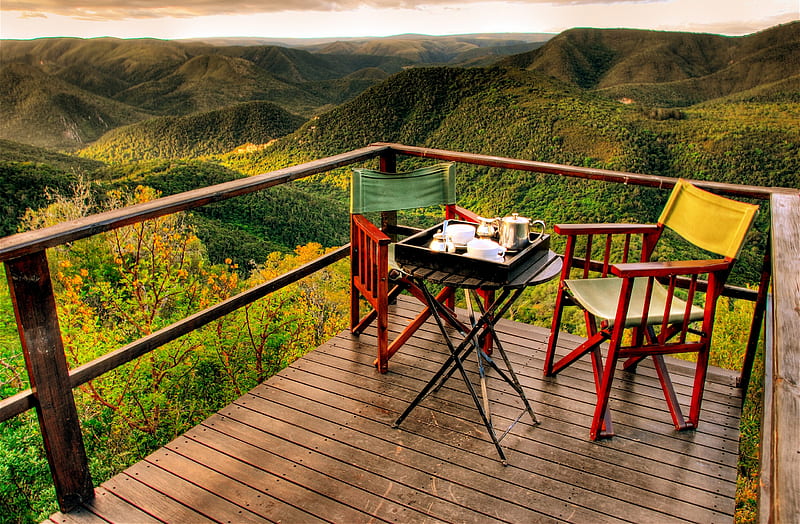 Camp Figtree,South Africa, colorful, good morning, cup of coffee, woods, bonito, valley, leaves, green, chairs, beauty, sunrise, camp figtree, chair, morning, cups, zuurberg mountains, table, amazing, forest, lovely, camp, view, colors, sky, trees, terrace, south africa, coffee, mountains, cup, peaceful, nature, HD wallpaper