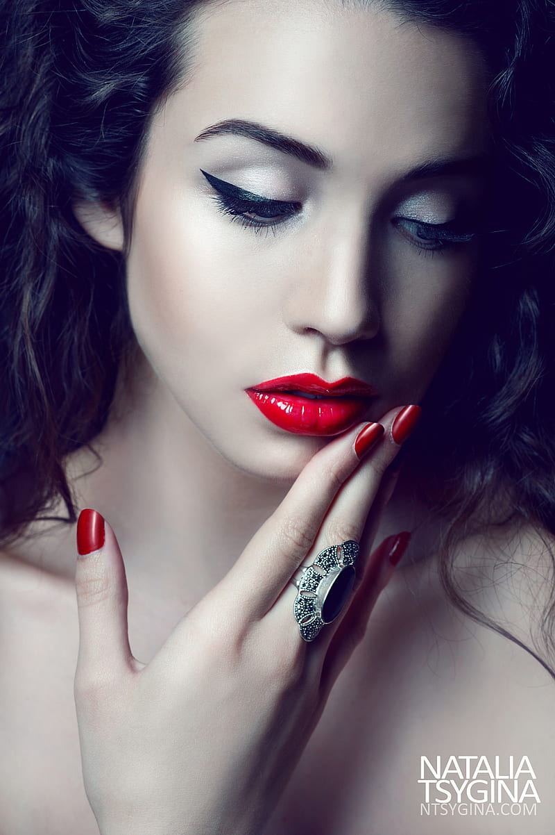 Natalia Tsygina, women, wavy hair, brunette, eyeliner, lipstick, red lipstick, jewelry, rings, painted nails, red nails, portrait, makeup, HD phone wallpaper