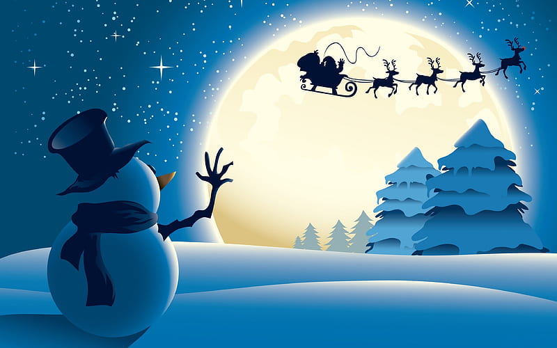 winter, snowman, New Year, Santa Claus, harness, deer, sleigh, night, forest, snow, HD wallpaper