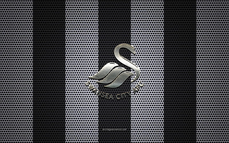 Swansea City AFC logo, English football club, metal emblem, black and white metal mesh background, Swansea City AFC, EFL Championship, Swansea, Wales, football, HD wallpaper