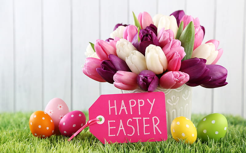 Happy Easter, tulips, easter eggs, easter decoration, Easter, HD wallpaper