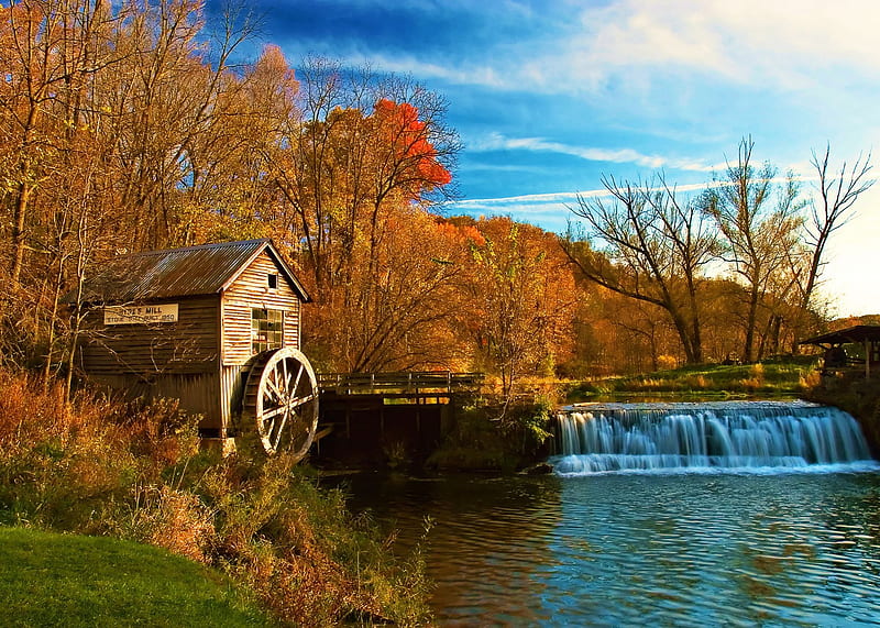 Hyde's Mill, Wisconsin, grist mill, autumn, waterfall, river, trees, landscape, HD wallpaper