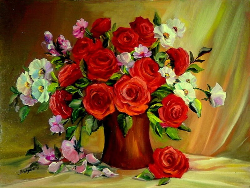 Bouquet of flowers, red, pretty, vase, bonito, fragrance, still life ...