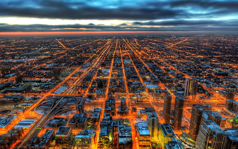 Chicago, panorama, sunset, USA, R, Illinois, America, HD wallpaper