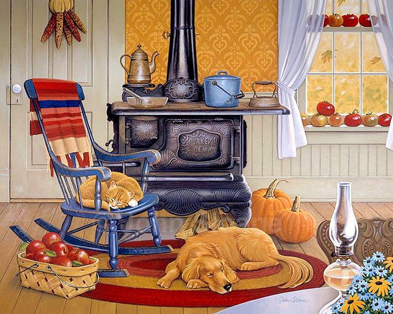 Happy Autumn to All, lamp, window, apples, oven, carpet, cat, artwork, basket, flowers, painting, chair, room, dog, HD wallpaper