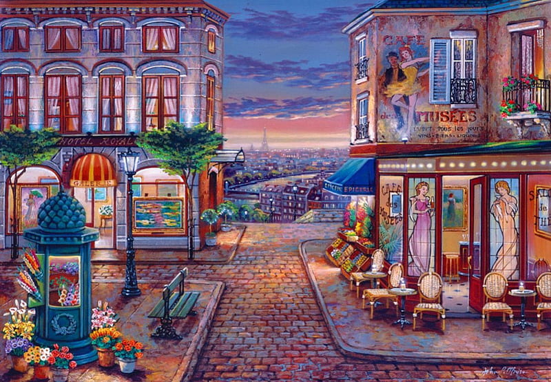Street cafe, shop, pretty, art, cafe, romantic, town, dusk, bonito, markets, coffee, painting, flowers, evening, street, night, HD wallpaper
