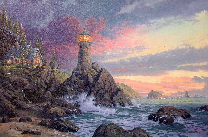 Thomas Kinkade - Rock Of Salvation, art, house, rock, ocean, Thomas Kinkade, lighthouse, Kinkade, painting, HD wallpaper