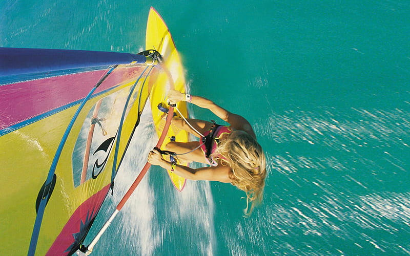 wind surfing, board, girl, wind, surfing, sail, HD wallpaper