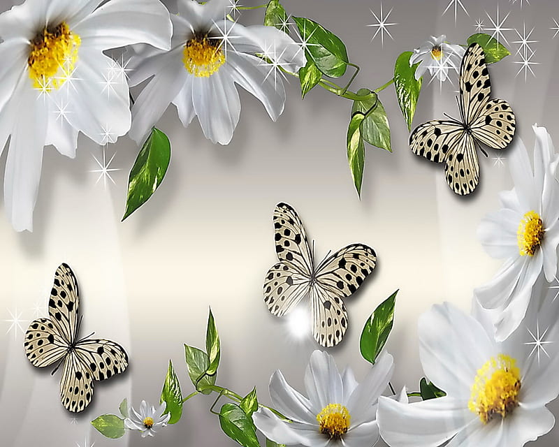 White Perfection, butterfly, floral, white, HD wallpaper