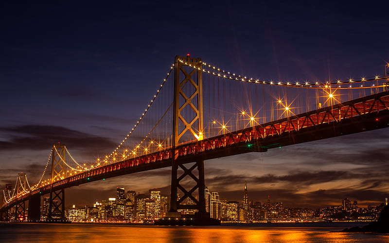Bay Bridge, San Francisco-Oakland Bay Bridge, San Francisco, The Embarcadero, evening, bridge, sunset, San Francisco cityscape, skyline, USA, HD wallpaper