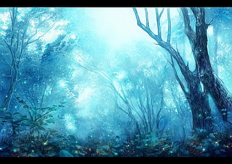 Fireflies, forest, bou nin, girl, anime, manga, bounin, lights, blue,  firefly, HD wallpaper