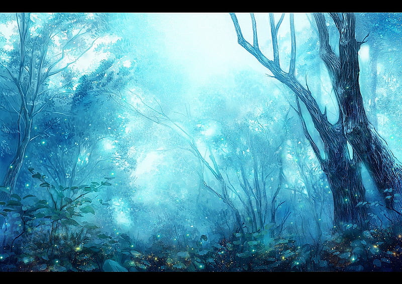 Blue wood, forest, trees, fireflys, lights, anime, nature, landscape, wood,  blue, HD wallpaper | Peakpx